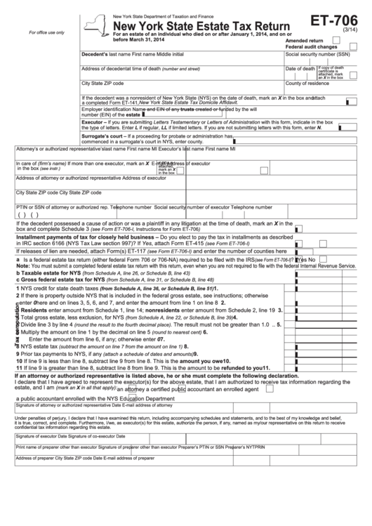 Form Et-706 - New York State Estate Tax Return - Department Of Taxation And Finance Printable pdf