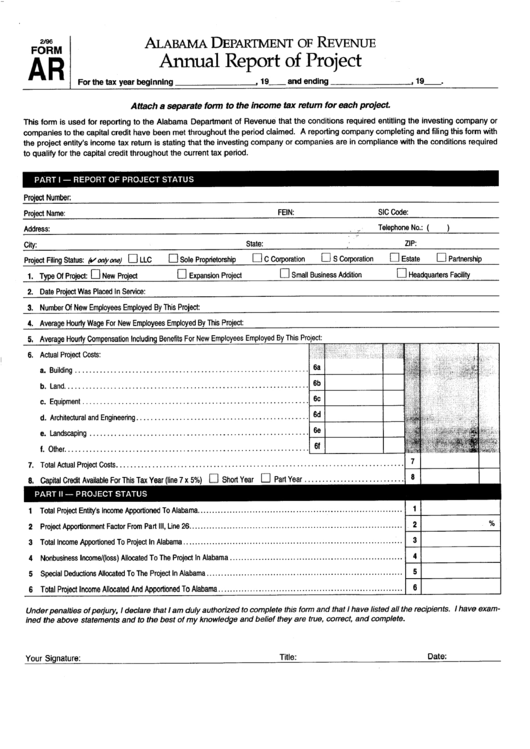 Fillable Form Ar - Annual Report Of Project - Department Of Revenue Printable pdf
