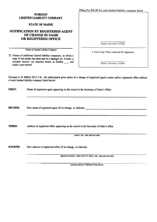 Notification By Registered Agent Of Change In Name Or Registered Office Printable pdf
