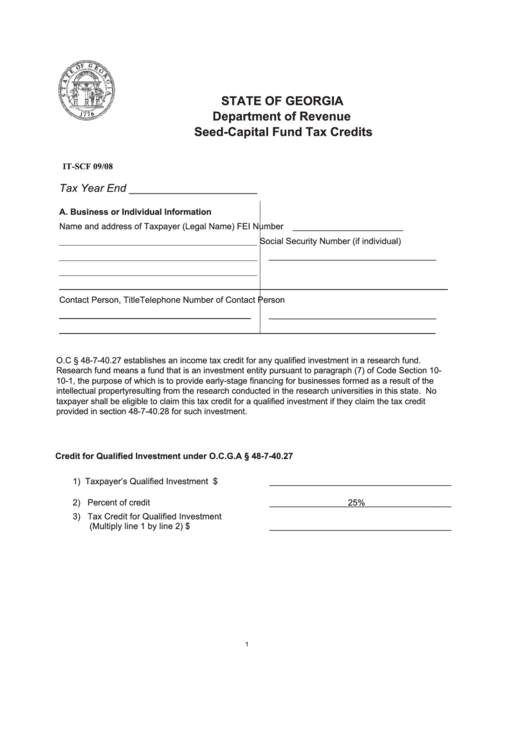 Fillable Form It-Scf - Seed-Capital Fund Tax Credits - Department Of Revenue Printable pdf