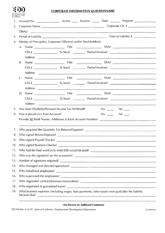 Corporate Information Questionnaire Printable pdf