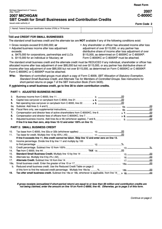 Form C-8000c - Michigan Sbt Credit For Small Businesses And Contribution Credits - 2007 Printable pdf