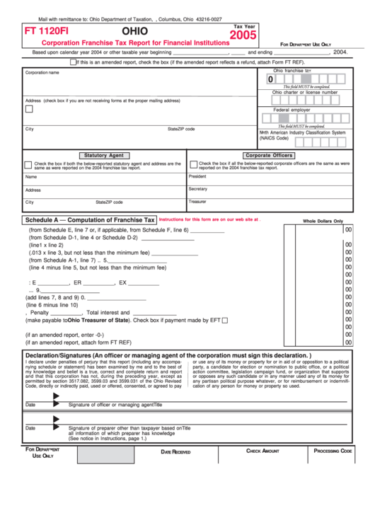 Form Ft 1120fi - Corporation Franchise Tax Report For Financial Institutions - 2005 Printable pdf