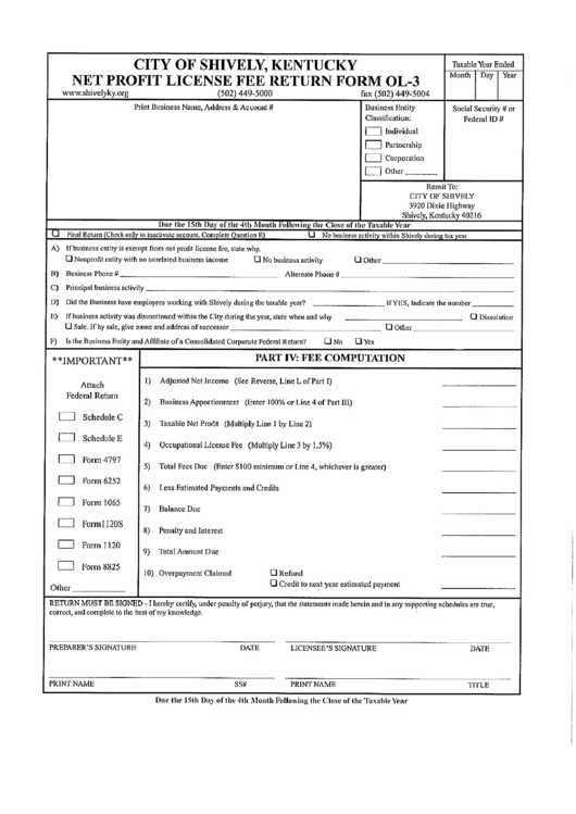 Form Ol-3 - Net Profit License Fee Return - City Of Shively, Kentucky Printable pdf