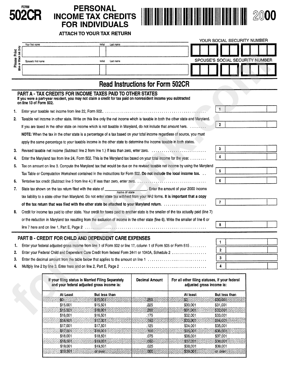 Form 502cr - Personal Income Tax Credits For Individuals - 2000