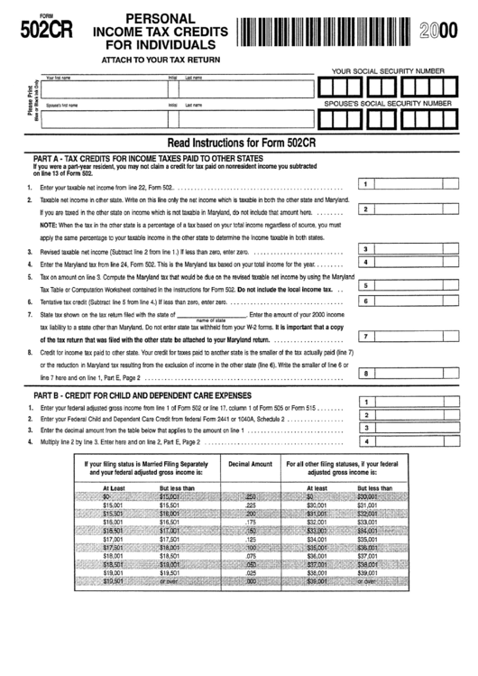 Form 502cr - Personal Income Tax Credits For Individuals - 2000 Printable pdf
