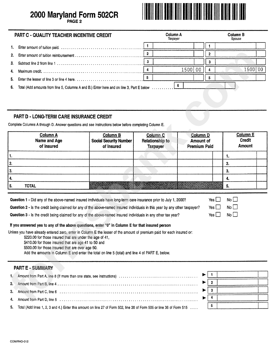 Form 502cr - Personal Income Tax Credits For Individuals - 2000