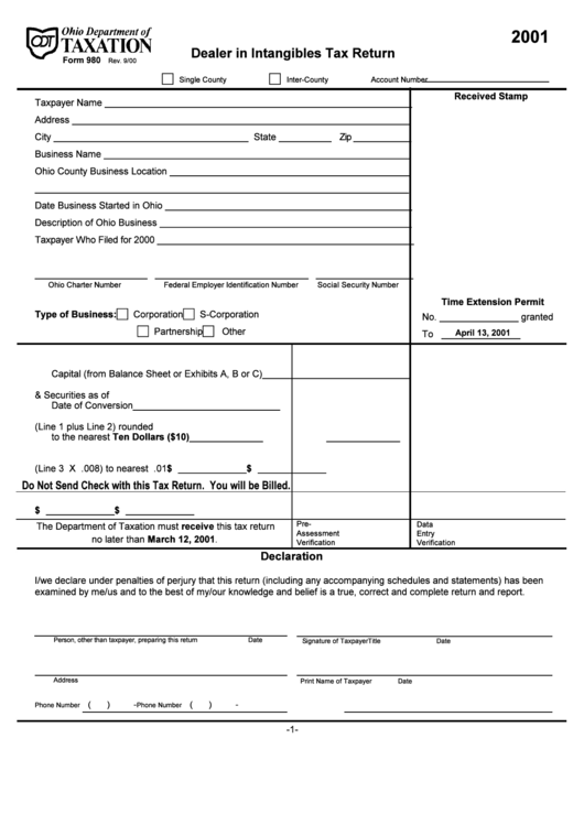 Form 980 - Dealer In Intangibles Tax Return - 2001 Printable pdf