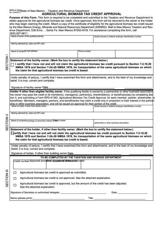 Form Rpd-41362 - Agricultural Biomass Tax Credit Approval - 2013 Printable pdf