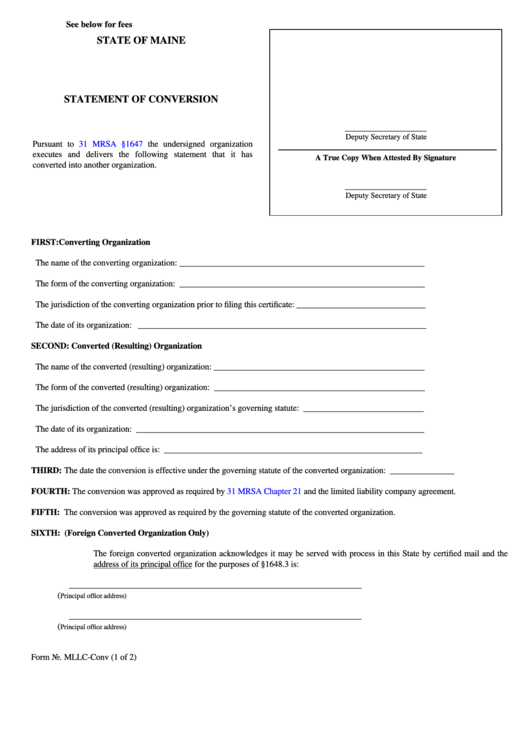 Fillable Form Mllc - Statement Of Conversion Printable pdf