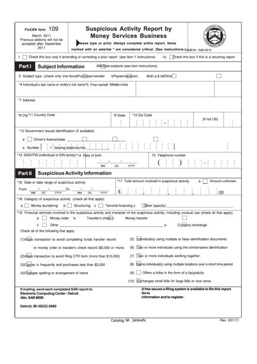 Fillable Fincen Form 109 - Suspicious Activity Report By Money Services Business - 2011 Printable pdf