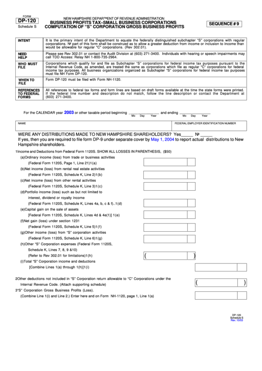 Form Dp-120 - Schedule S - Business Profits Tax - Small Business Corporations Computation Of "S" Corporation Gross Business Profits Printable pdf