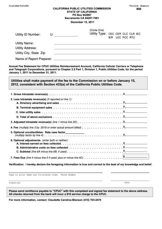 Form 800 - Annual Fee Statement For Cpuc Utilities Reimbursement Account - 2011 Printable pdf