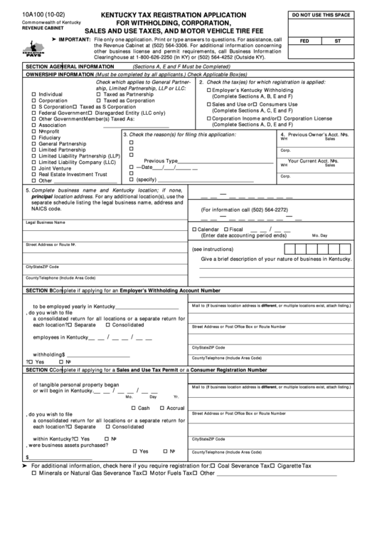 Form 10a100 Kentucky Tax Registration Application For Withholding