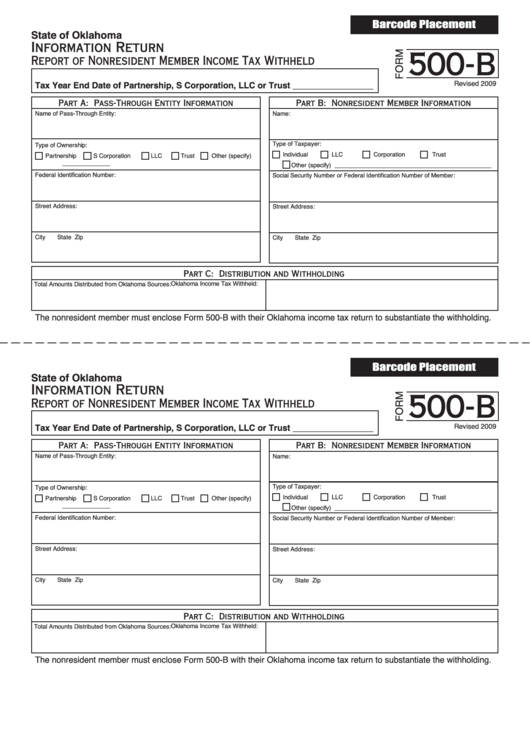 Form 500-B - Report Of Nonresident Member Income Tax Withheld - 2009 Printable pdf