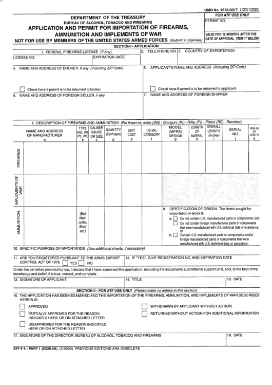 Form Omb-1512-0017 - Application And Permit For Importation Of Firearms, Ammunition And Implements Of War Printable pdf