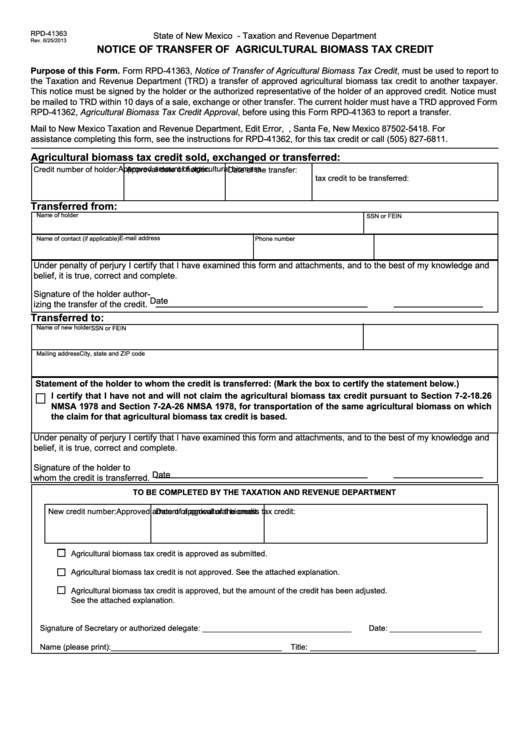 Form Rpd-41363 - Notice Of Transfer Of Agricultural Biomass Tax Credit - 2013 Printable pdf