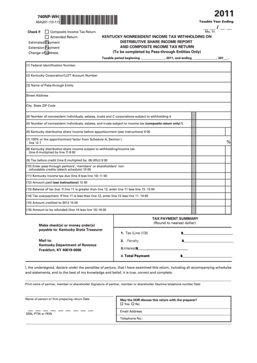 Form 740np-Wh - Kentucky Nonresident Income Tax Withholding On Distributive Share Income Report And Composite Income Tax Return - 2011 Printable pdf