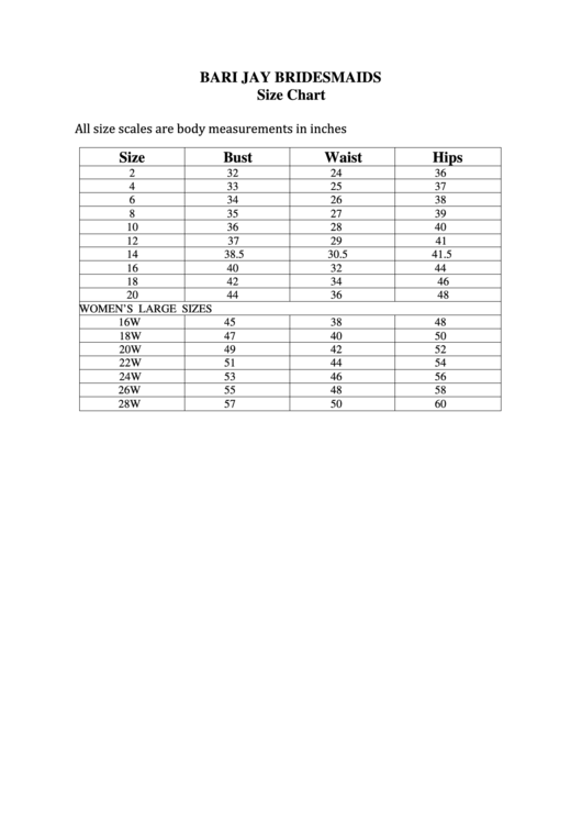 Bari Jay Bridesmaids Size Chart Printable pdf