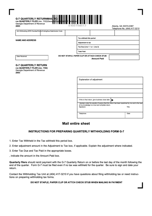 Form G-7 - Quarterly Return - 2003 Printable pdf