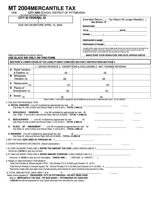 Form Mt - Mercantile Tax - City Of Pittsburgh - 2004 Printable pdf