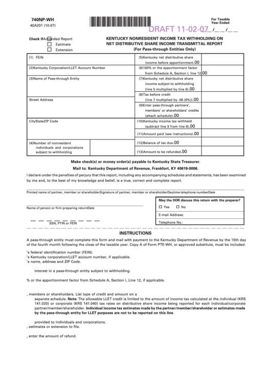 Form 740np-Wh Draft - Kentucky Nonresident Income Tax Withholding On Net Distributive Share Income Transmittal Report Printable pdf