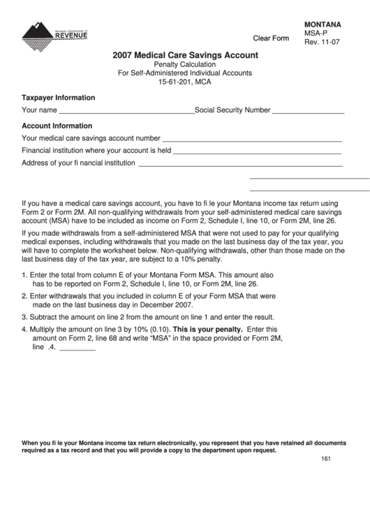 Fillable Montana Form Msa-P - Medical Care Savings Account - 2007 Printable pdf