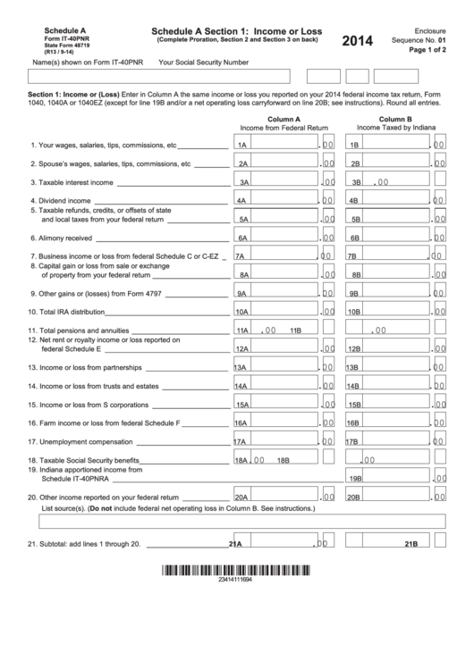 Fillable Schedule A (Form It-40pnr) - Section 1: Income Or Loss - 2014 Printable pdf
