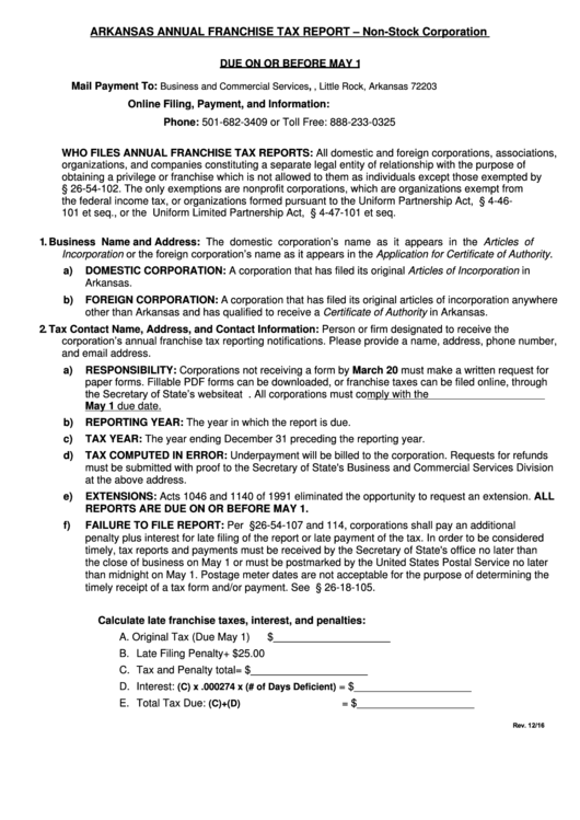 Arkansas Annual Franchise Tax Report Form - Non-Stock Corporation Form - Business And Commercial Services Printable pdf