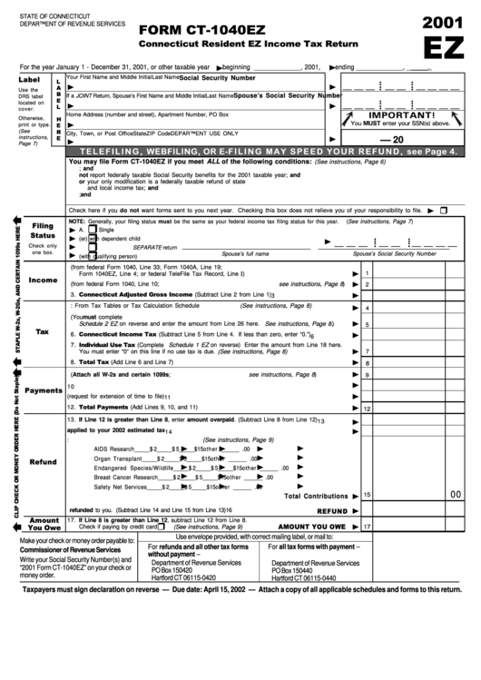 Form Ct 1040ez Connecticut Resident Ez Income Tax Return 2001