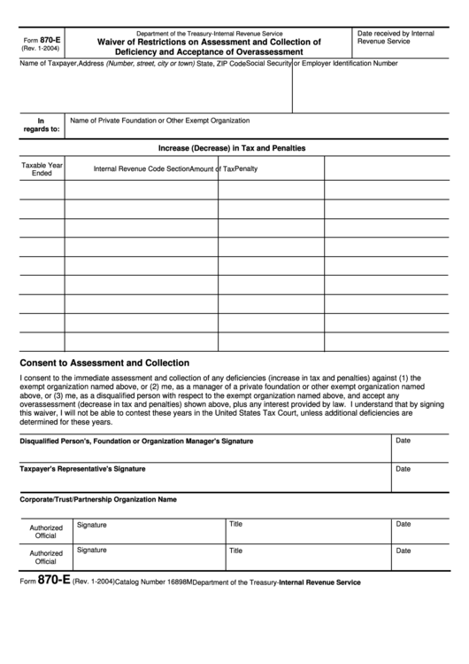 Fillable Form 870-E - Waiver Of Restrictions On Assessment And Collection Of Deficiency And Acceptance Of Overassessment Printable pdf
