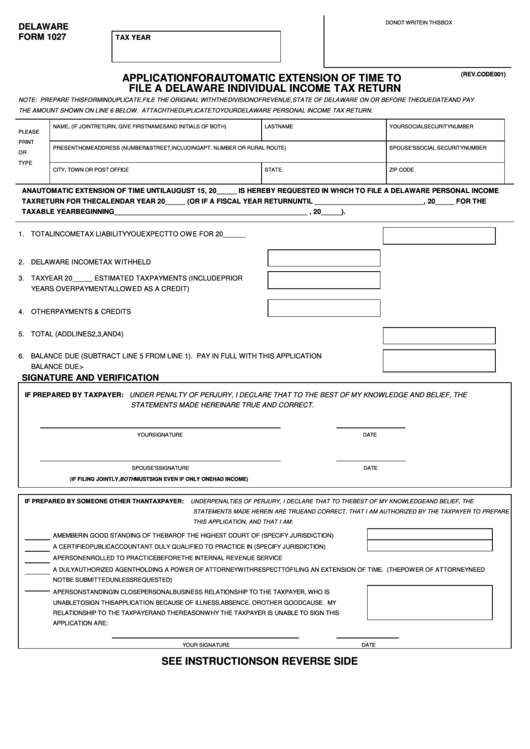 Delaware Form 1027 - Application For Automatic Extension Of Time To File A Delaware Individual Income Tax Return Printable pdf