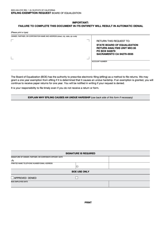 Fillable Form Boe-245-Oye - Efiling Exemption Request Printable pdf