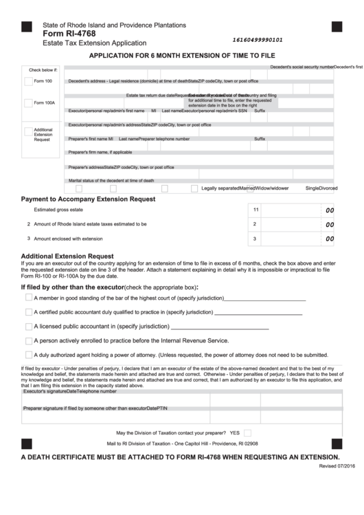 Fillable Form Ri-4768 - Application For 6 Month Extension Of Time To File Printable pdf