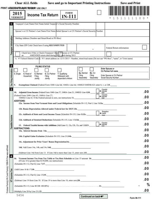 Fillable Form In-111 - Vermont Income Tax Return - 2015 Printable pdf