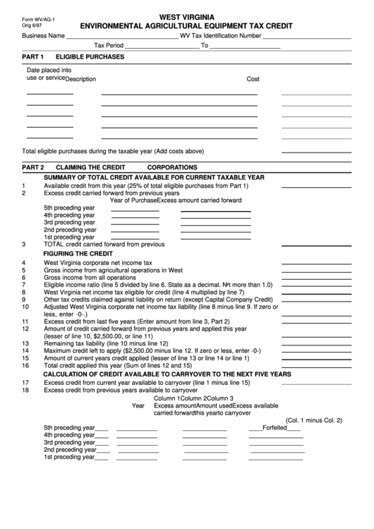 Fillable Form Wv/ag-1 - Environmental Agricultural Equipment Tax Credit Printable pdf