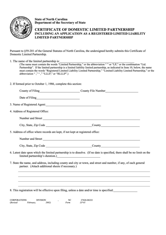 Fillable Form Lp-01 - Certificate Of Domestic Limited Partnership Including An Application As A Registered Limited Liability Limited Partnership - 2002 Printable pdf