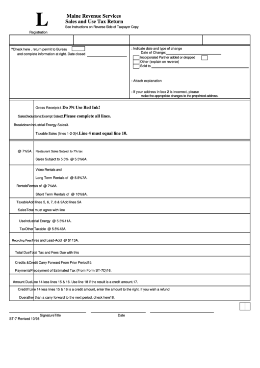 Form St-7 - Sales And Use Tax Return - Maine Revenue Services Printable pdf