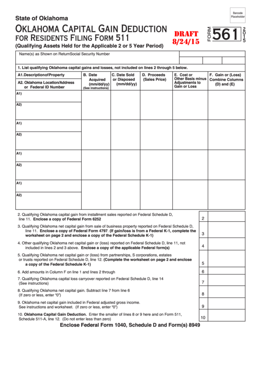 Form 561 Draft - Oklahoma Capital Gain Deduction For Residents - 2015 Printable pdf