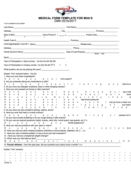 Medical Form Template For Mha's