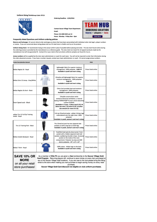 Uniform Sizing Chart - Elite Fc Printable pdf