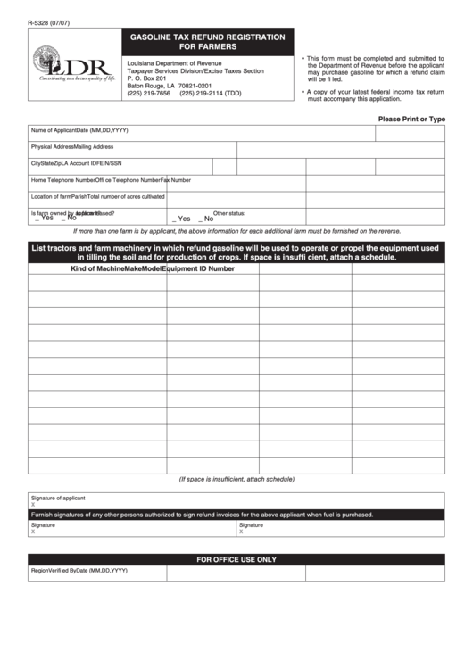 Form R-5328 - Gasoline Tax Refund Registration For Farmers Printable pdf