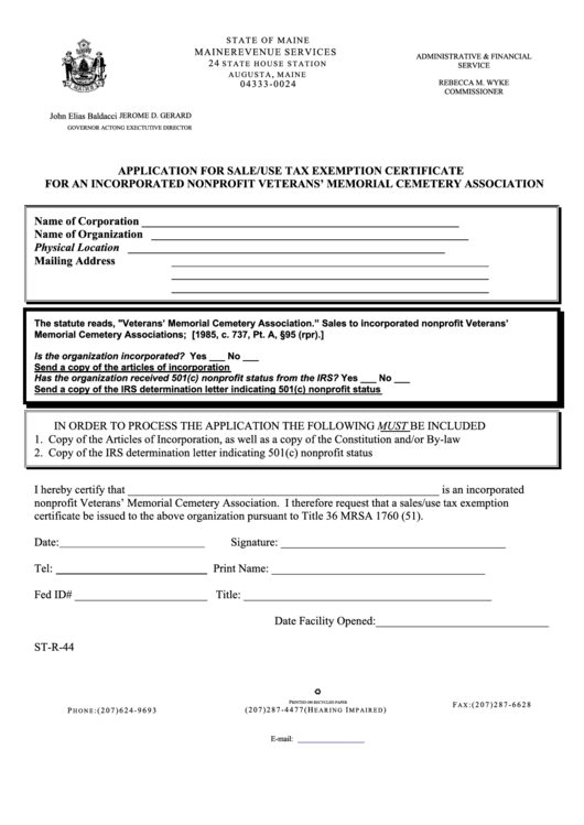 Form St-R-44 - Application For Sale/use Tax Exemption Certificate For An Incorporated Nonprofit Veterans