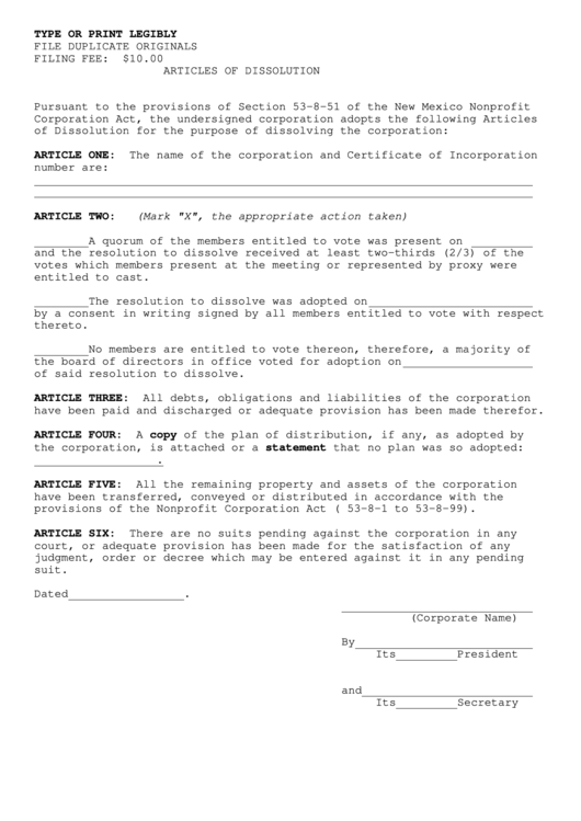 Articles Of Dissolution - New Mexico Secretary Of State Printable pdf