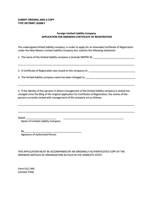 Fillable Form Fllc-Am - Application For Amended Certificate Of Registration Printable pdf