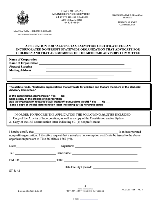 Form St-R-42 - Application For Sale/use Tax Exemption Certificate For An Incorporated Nonprofit Statewide Organization That Advocate For Children And That Are Members Of The Medicaid Advisory Committee Printable pdf
