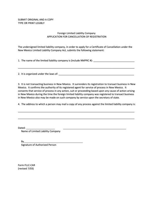 Fillable Form Fllc-Car - Application For Cancellation Of Registration Printable pdf