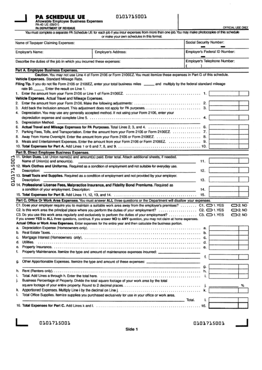 Form Pa-40ue - Allowable Employee Business Expenses Printable pdf