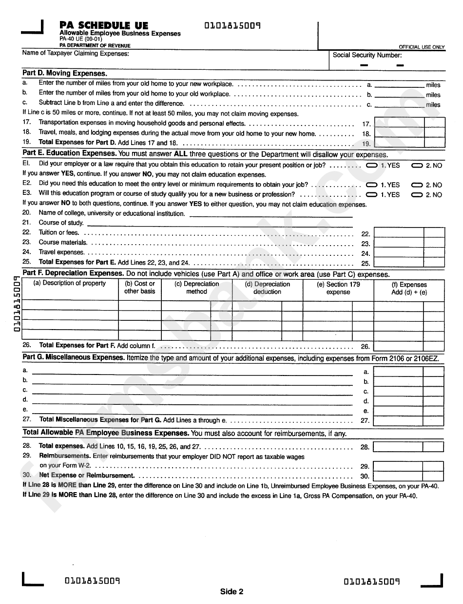 Form Pa-40ue - Allowable Employee Business Expenses