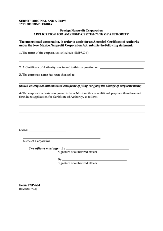 Fillable Form Fnp-Am - Application For Amended Certificate Of Authority Printable pdf